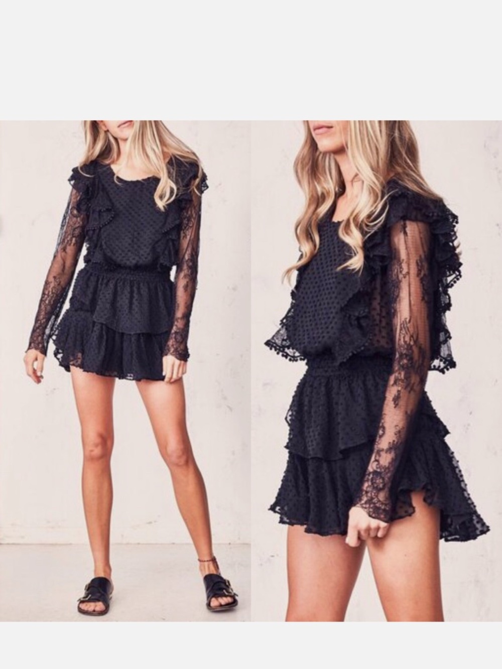 LoveShackFancy Black Lace Ruffled Mini Dress